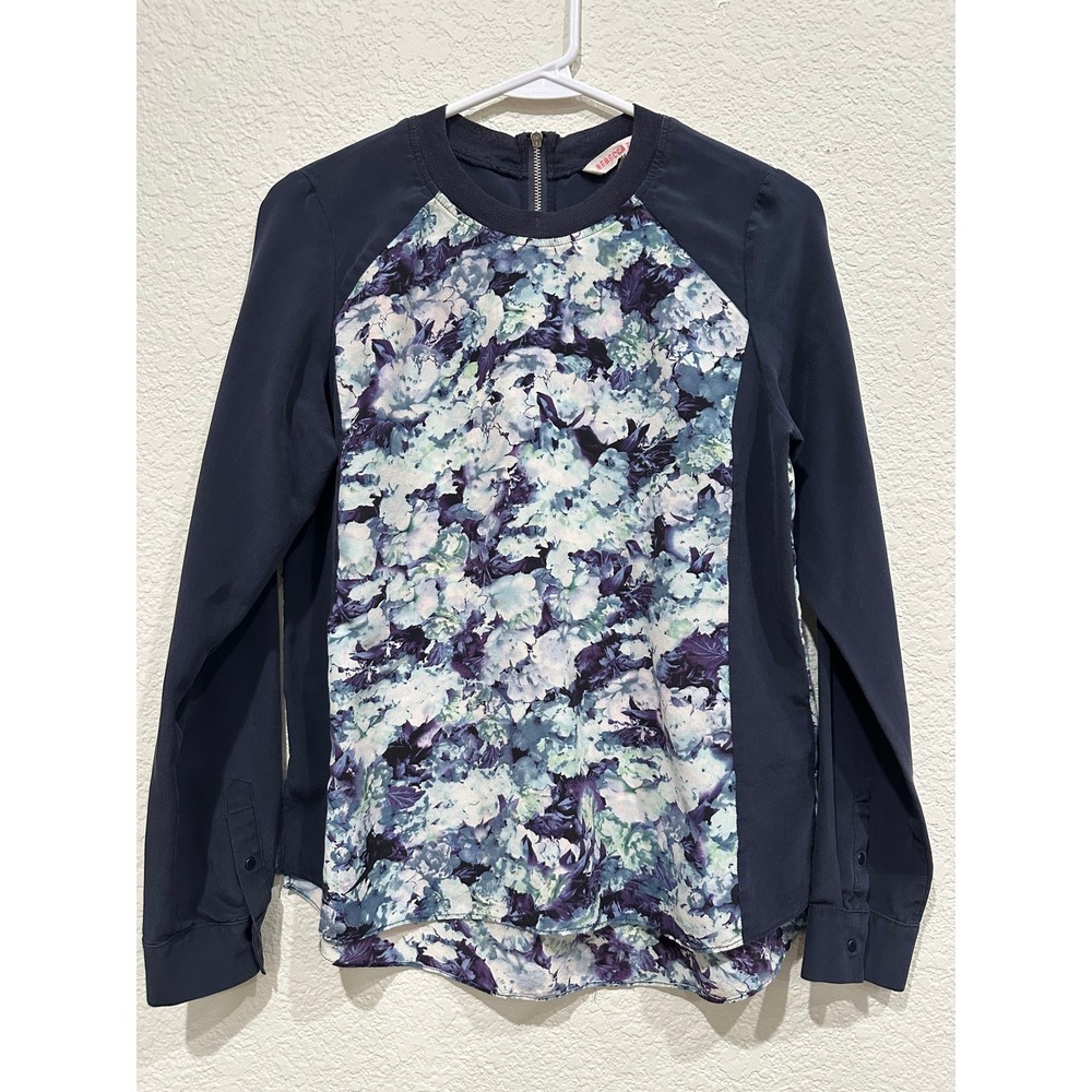 Rebecca Taylor Womens Navy Blue Silk Floral Raglan Long Sleeve Blouse Size 2
